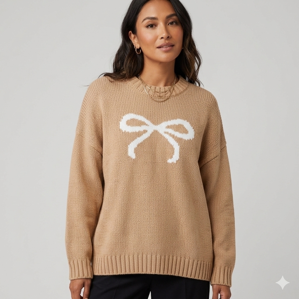 Sincerely Jules Bow Sweater Coquette Coastal Neutral Tan Crew Neck Womens Medium